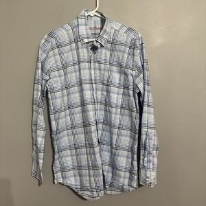 Alan Flusser Shirt Mens Medium Blue Brown Plaid Button Up Long Sleeve Adult